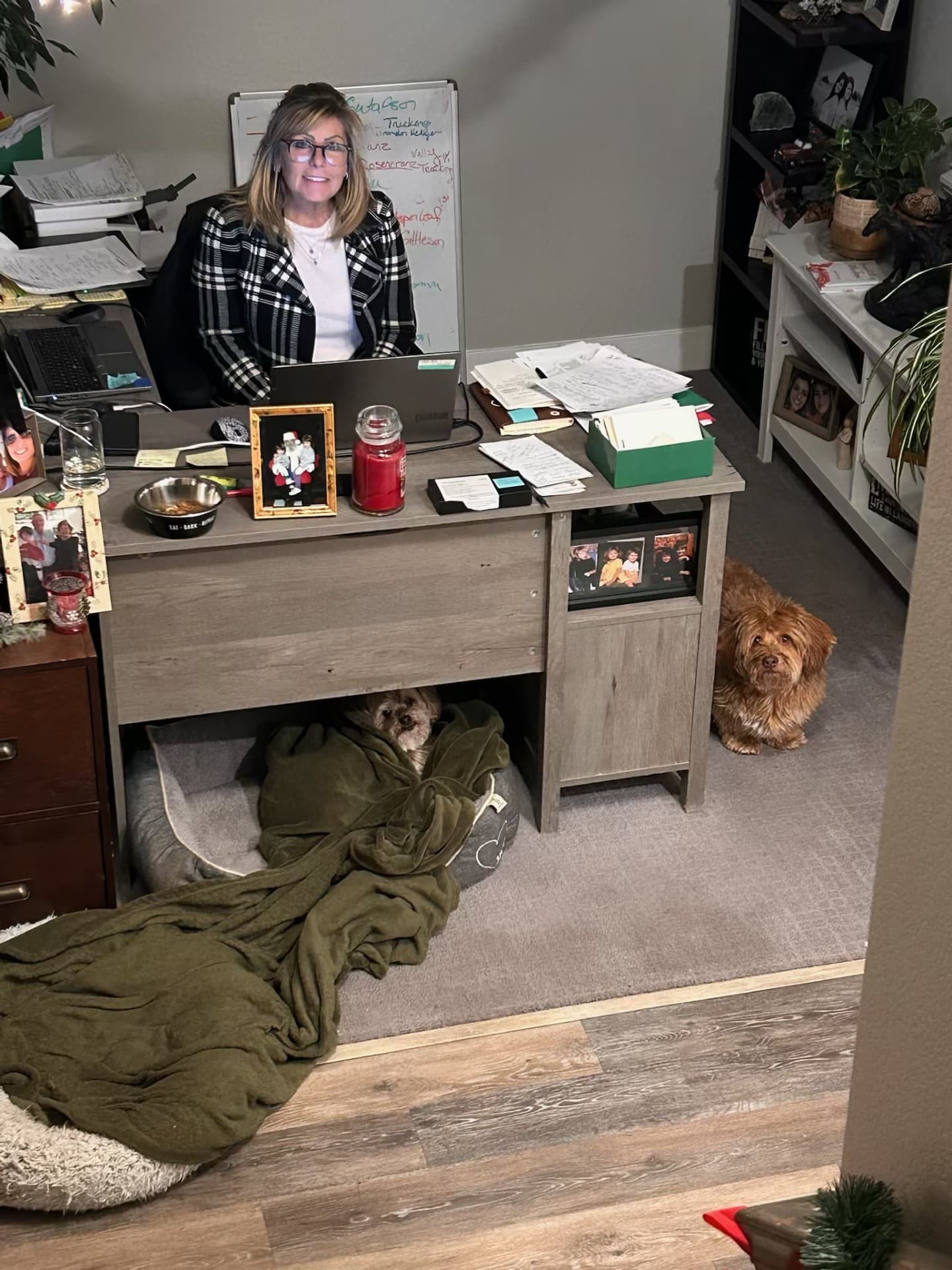 Mary Leeds smiling at her office desk, with one small dog tucked in a bed beneath it and another sitting beside it